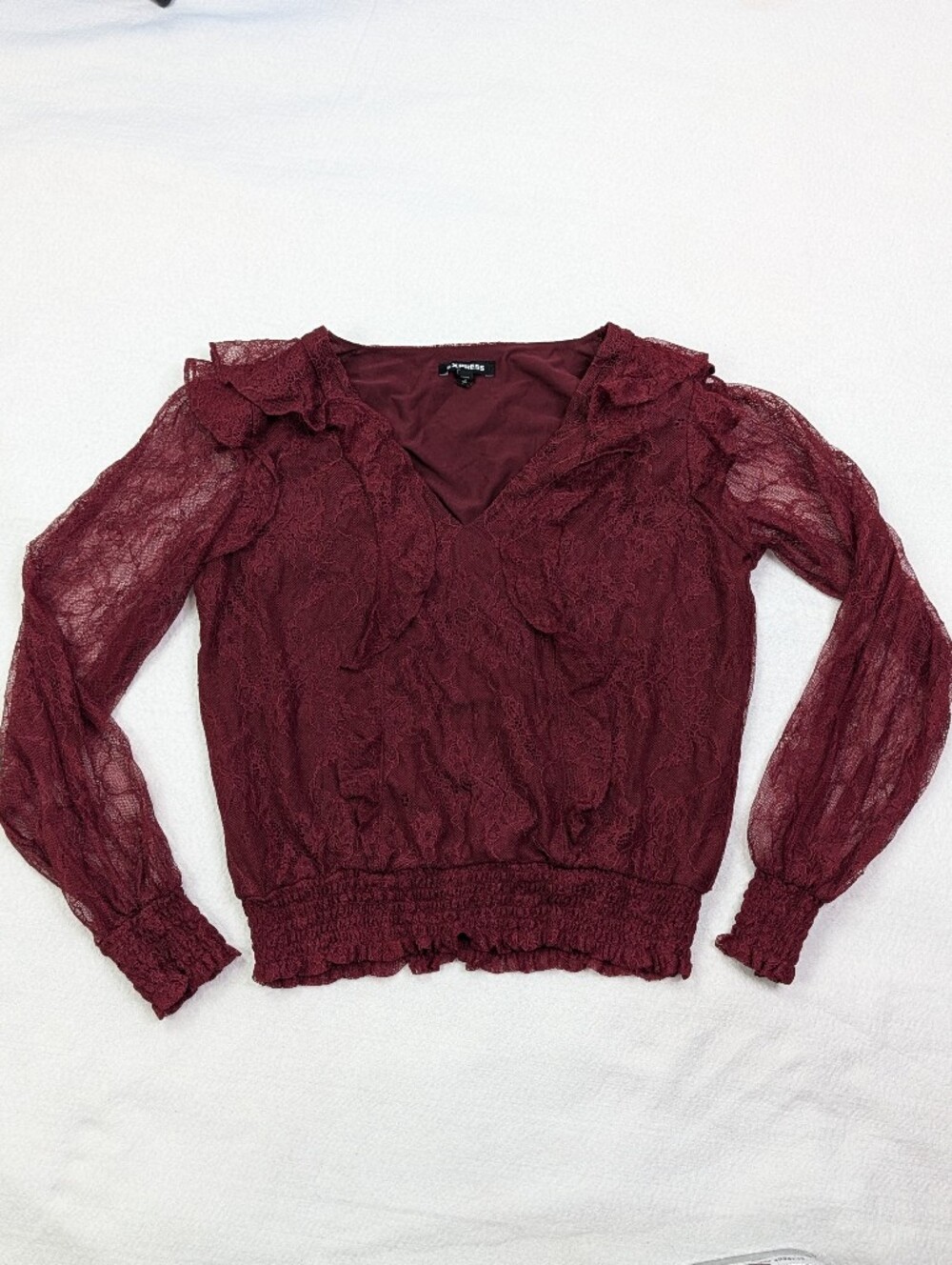 Express Top Size Small Lace Crochet Long Sleeve Burgundy Ruffle Shoulder V Neck